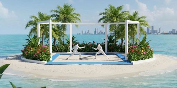 Two fencers duel on a small island surrounded by tropical plants and ocean.