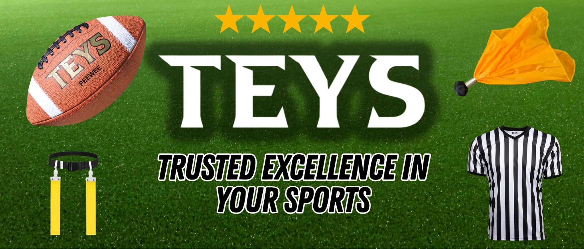 TEYS sports brand with football, referee gear, and five-star rating.