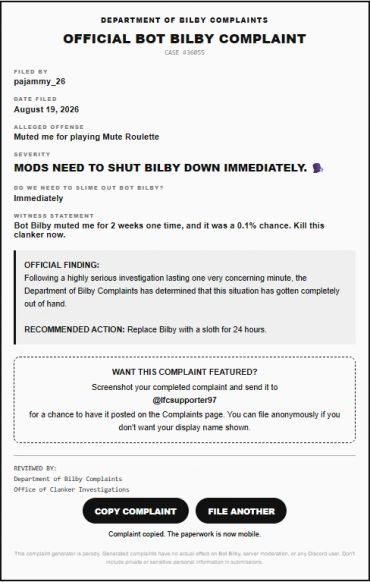 Screenshot of an official bot complaint to shut down Bilby for muting.