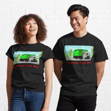 Guy and Gal wearing matching T-shirts (with a scene of a garbage truck) and smiling at each other.