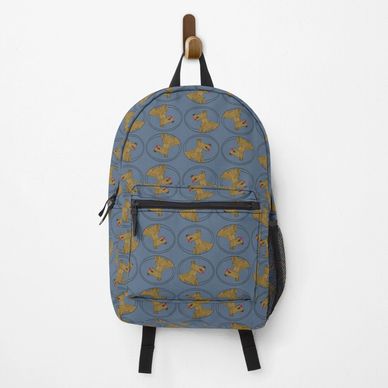 faded-jeans-colored back pack with repeating fabric pattern of logo-style dog in rotations.