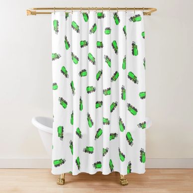 Shower Curtain.  White with fabric-style pattern of of Garbage Trucks at various rotations.
