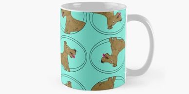 Aqua coffee mug with a pattern created by using a brown dog logo - in rotations.