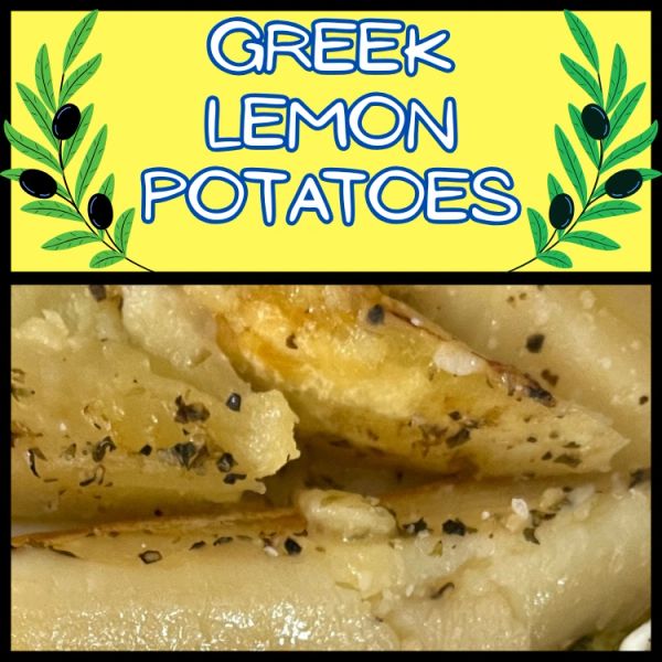 Close-up of seasoned Greek lemon potatoes with herbs.