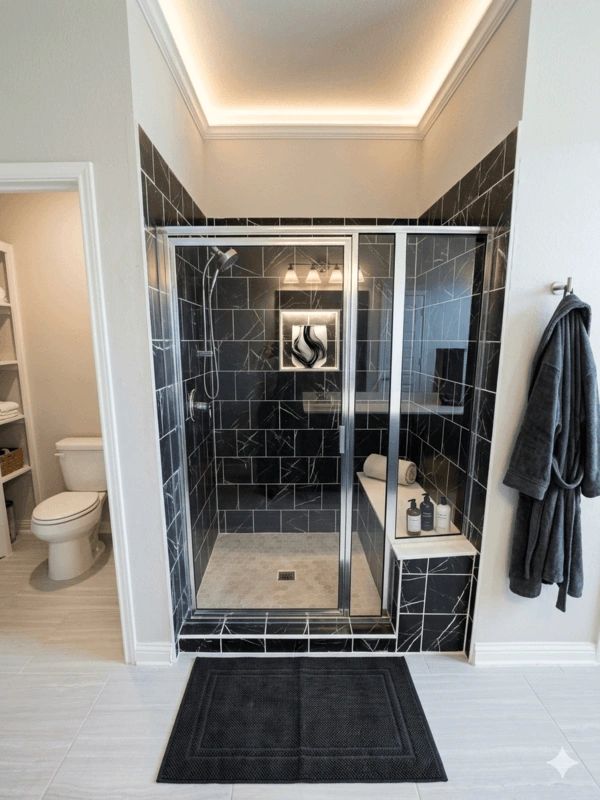 Luxury bathroom remodel and tile installation by Raptor Electric in Austin, Texas.