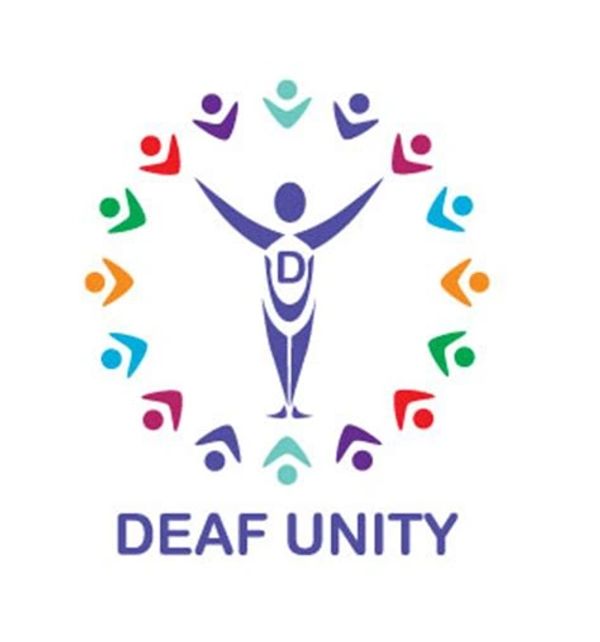 A person surrounded by a group of people and the title: Deaf Unity