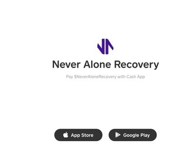 Never Alone Recovery app logo with download options.