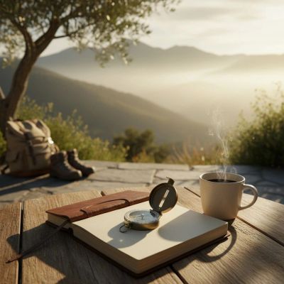 Morning setup with a notebook, compass, and coffee in a mountain setting.