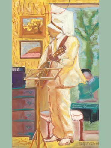 Blues player, blues guitar colorful pastel paintings,  Diana Rell Dean, drawings of people