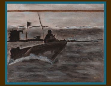 black and white boat, late afternoon speedboat, pastel paintings, Diana Rell Dean cruising images