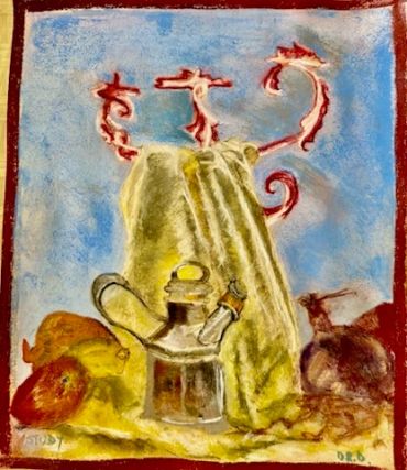 Still life painting with a kettle, cloth, and abstract background.