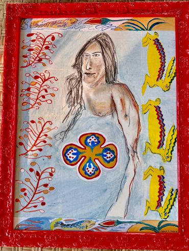 Abstract portrait of a woman with horse motifs and red floral patterns in a red frame.