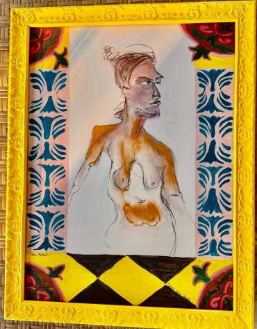 Abstract portrait of a woman with expressive features, framed by colorful geometric and floral patterns.