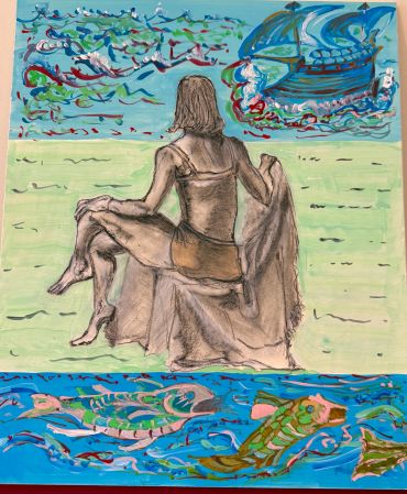 A person sitting, gazing at a boat and fish-filled sea in a colorful, abstract style.
