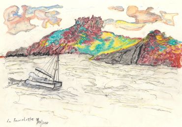 Sketches are of far away places which have been drawn on boats using colored charcoal pencils. 