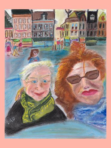 Travel paintings, colorful pastel paintings,  Diana Rell Dean, colorful drawings of people 