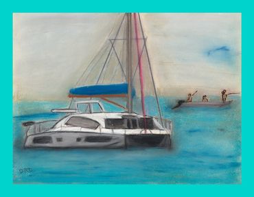 Catamaran, sailboats, pastel paintings of boats, Diana Rell Dean, colorful boats, cruising images