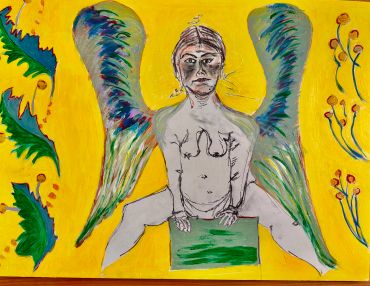 Surreal painting of a winged figure with a somber expression on a bright yellow background.