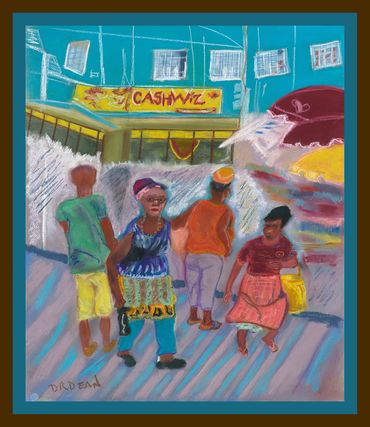 Caribbean, colorful pastel paintings,  Diana Rell Dean, colorful drawings of people travel paintings