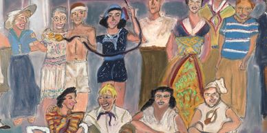 Shipwreck party circa 1955, pastel painting, Diana Rell Dean, colorful drawings of colorful people