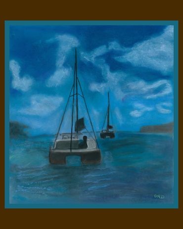 Catamaran paintings, sailboats pastel paintings of boats, Diana Rell Dean, colorful boats, cruising