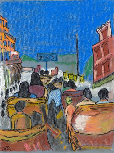 Tour Bus in India, pastel paintings, travel, Diana Rell Dean,Varanasi,cityscape