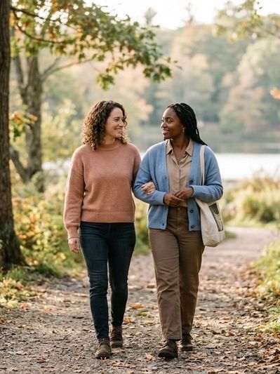 Two women walking arm in arm, smiling outdoors.