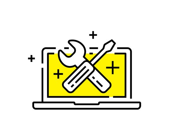 Laptop with wrench and screwdriver representing computer repair.