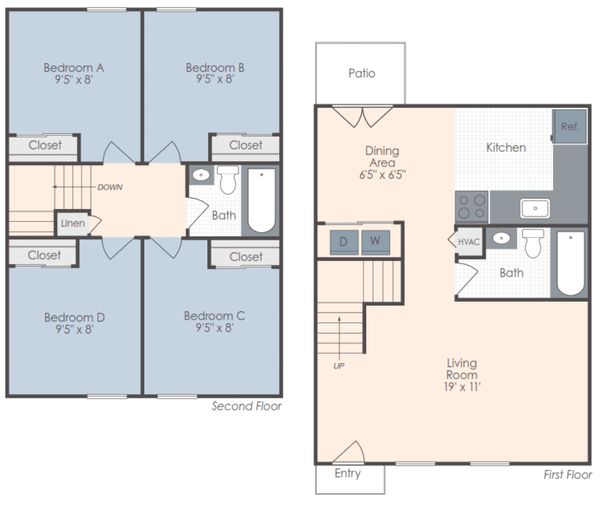 Affordable 4br 2ba townhouse apartment floor plan near SIU campus in Carbondale, Illinois (IL)