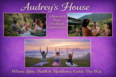 Collage showing group wellness activities at Audrey's House with a purple background.