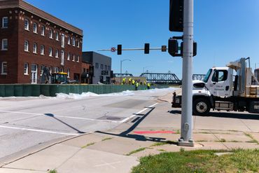 Flood barrier construction along River Drive in Davenport, Iowa.