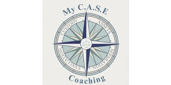Logo for My CASE Coaching.  Compass with arrow pointing for Custody, Assets, Separation, Evaluation