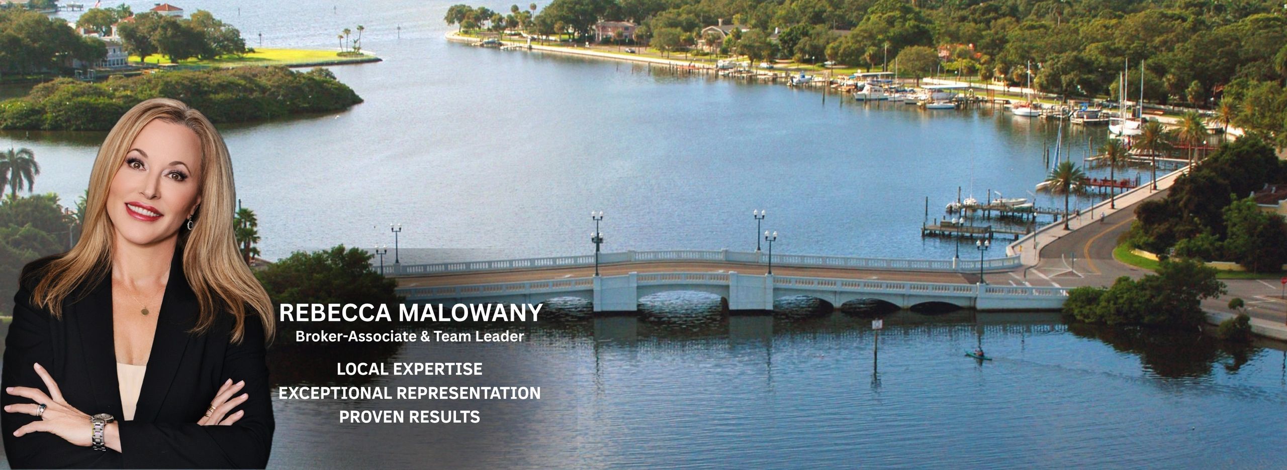 Rebecca Malowany, luxury real estate agent in St. Petersburg, Florida, and the Snell Isle Bridge.