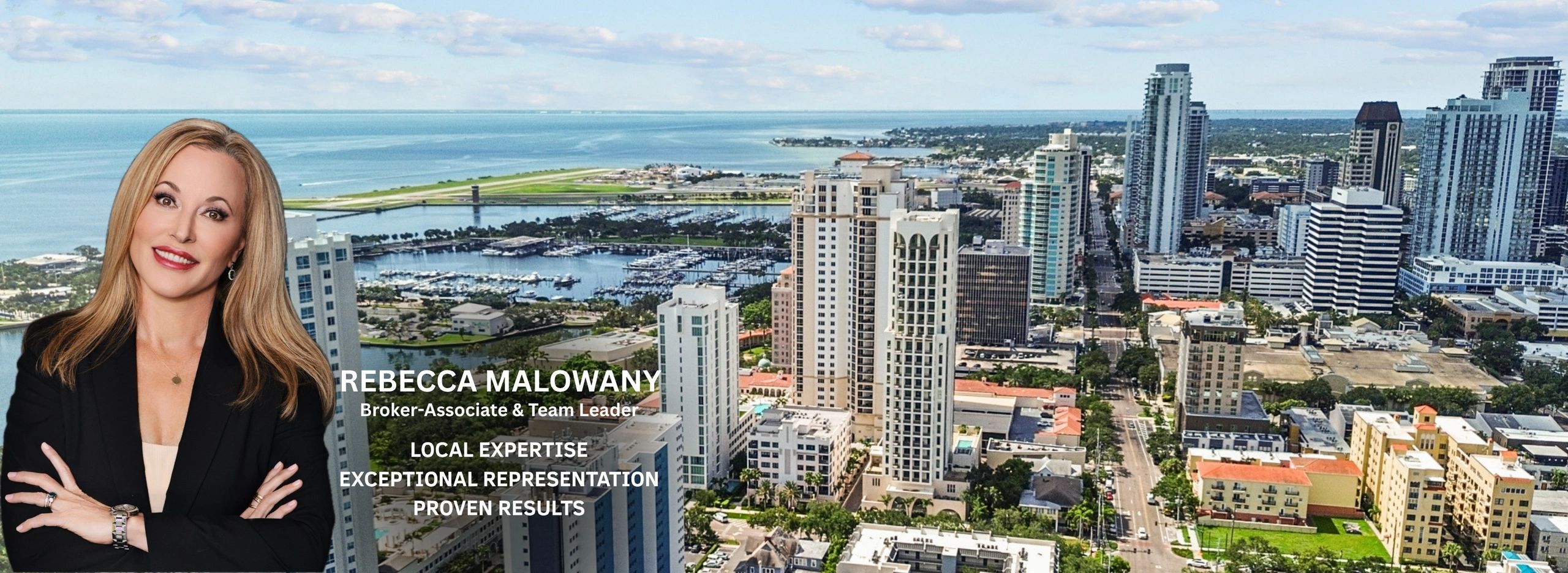 Rebecca Malowany, luxury real estate specialist, with the Downtown St. Petersburg skyline.
