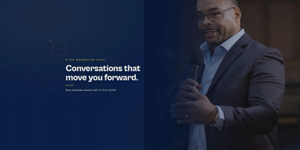 Man speaking with a microphone and podcast slogan.