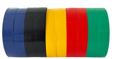 Five rolls of colored electrical tape.