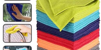 Colorful microfiber cleaning cloths with multiple cleaning uses.