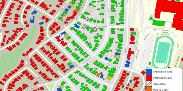 Color-coded map showing affected, destroyed, and inaccessible buildings.