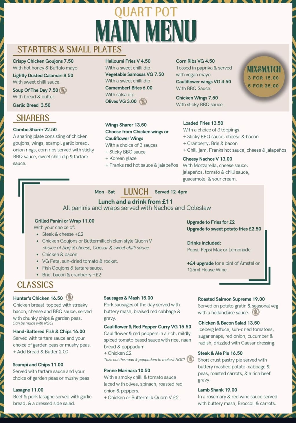 Quart Pot restaurant menu featuring starters, sharers, lunch, and classic dishes.
