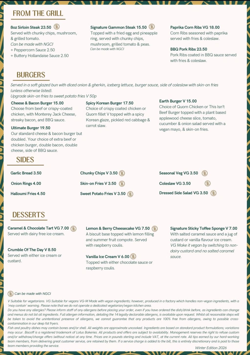 Grill, burgers, sides, and desserts menu with vegetarian and vegan options.