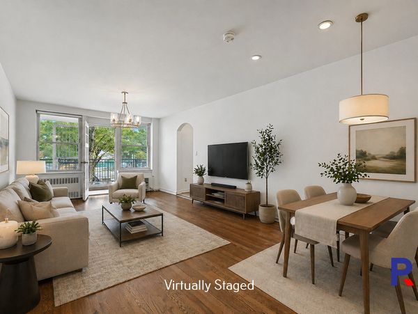 Bright, virtually staged living and dining area with modern furniture and natural light.