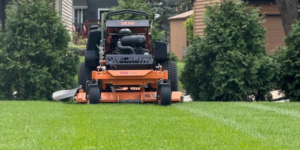 Orange SCAG lawn mower cutting green grass in a residential yard.