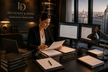 Professional corporate translator reviewing confidential business documents in Spain.
