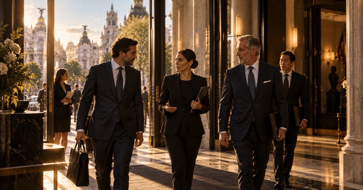 International executives receiving multilingual business support in Madrid, Spain