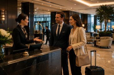 Executive guest assistance welcoming international business travellers at a luxury hotel in Spain.