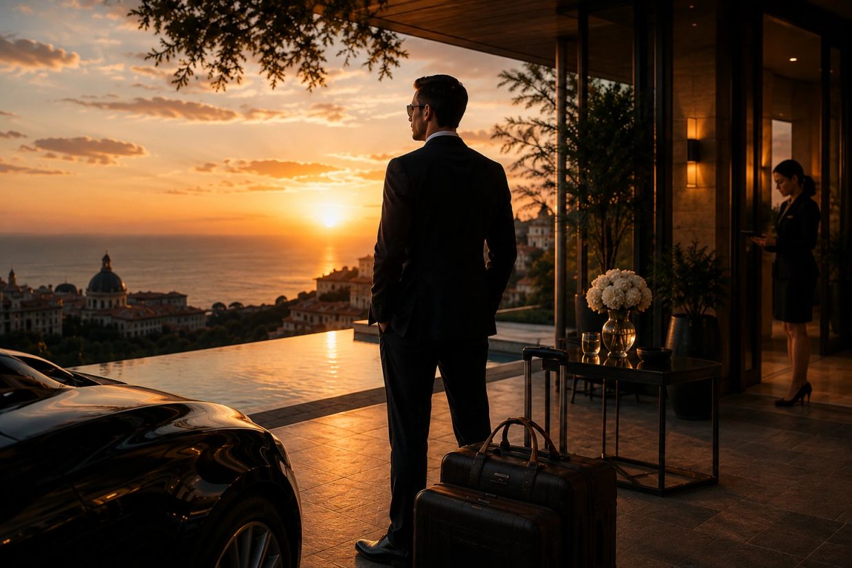 Luxury travel concierge assisting an international guest during a private arrival in Spain.