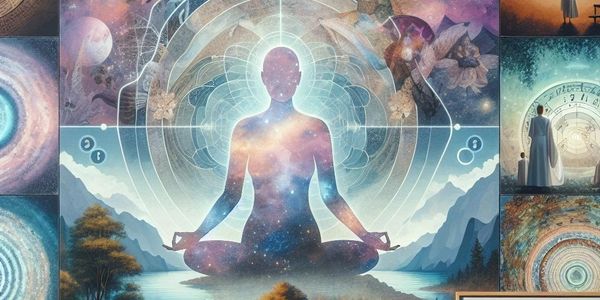 outline of a person meditating, within outline is space, outside are mountains, trees, and compass