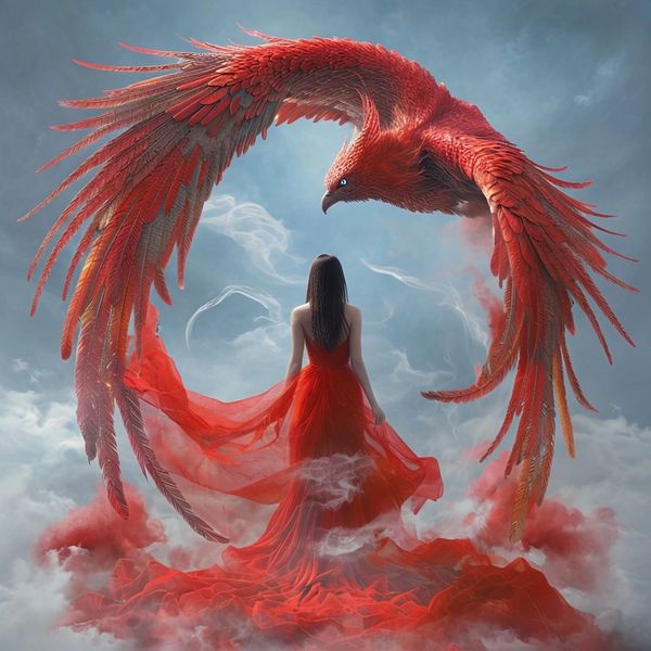 Woman in red with phoenix
