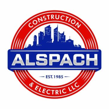 Logo for Alspach Construction &amp; Electric LLC with city skyline.