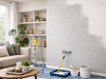 Living room wall partially painted with light grey paint, painting supplies ready.
